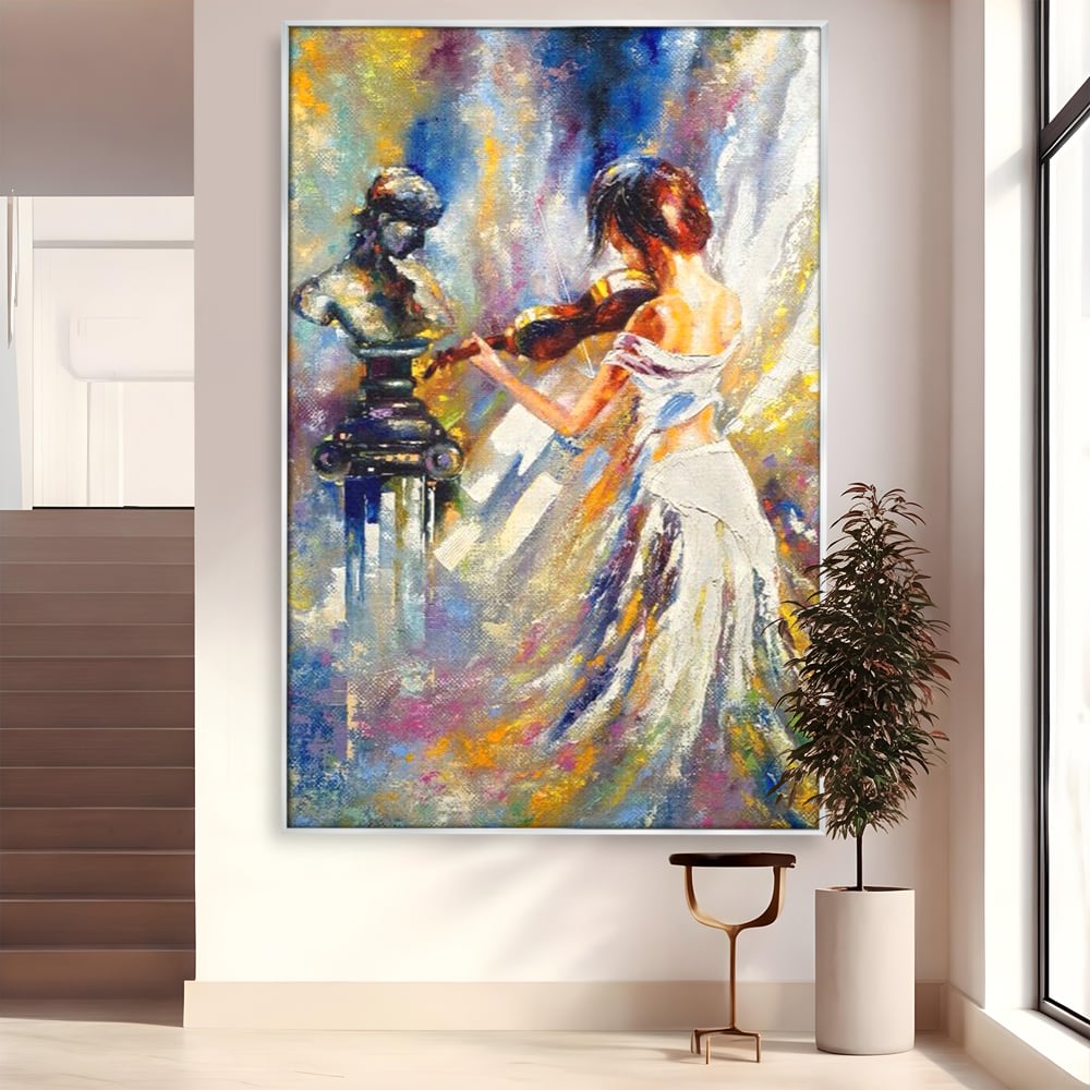 Tablou canvas cu pictura femeie cantand la vioara, in rama de aluminiu argintiu